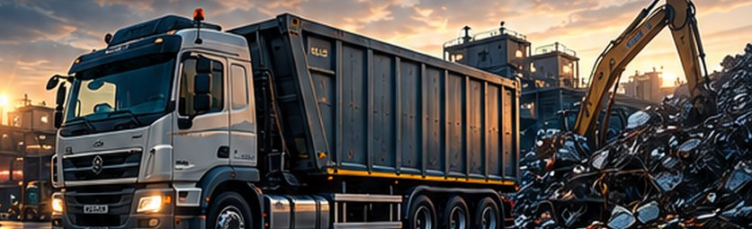 Recycling truck in a scrap yard at sunset