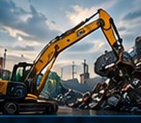 Excavator working a scrap pile
